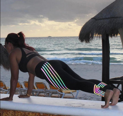 Women's night visible striped high waist stretch yoga fitness pants